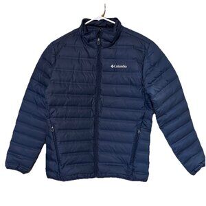Columbia Men's Med 650 Duck Down Jacket Blue Zipper Pockets Puffer Soft Shell